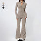 Women's knitted zippered fitted top + body-hugging flared pants 2-piece set