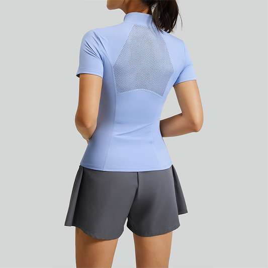 Wholesale Women's Mesh Yoga Set: Half-Zip Short Sleeve Top & Shorts