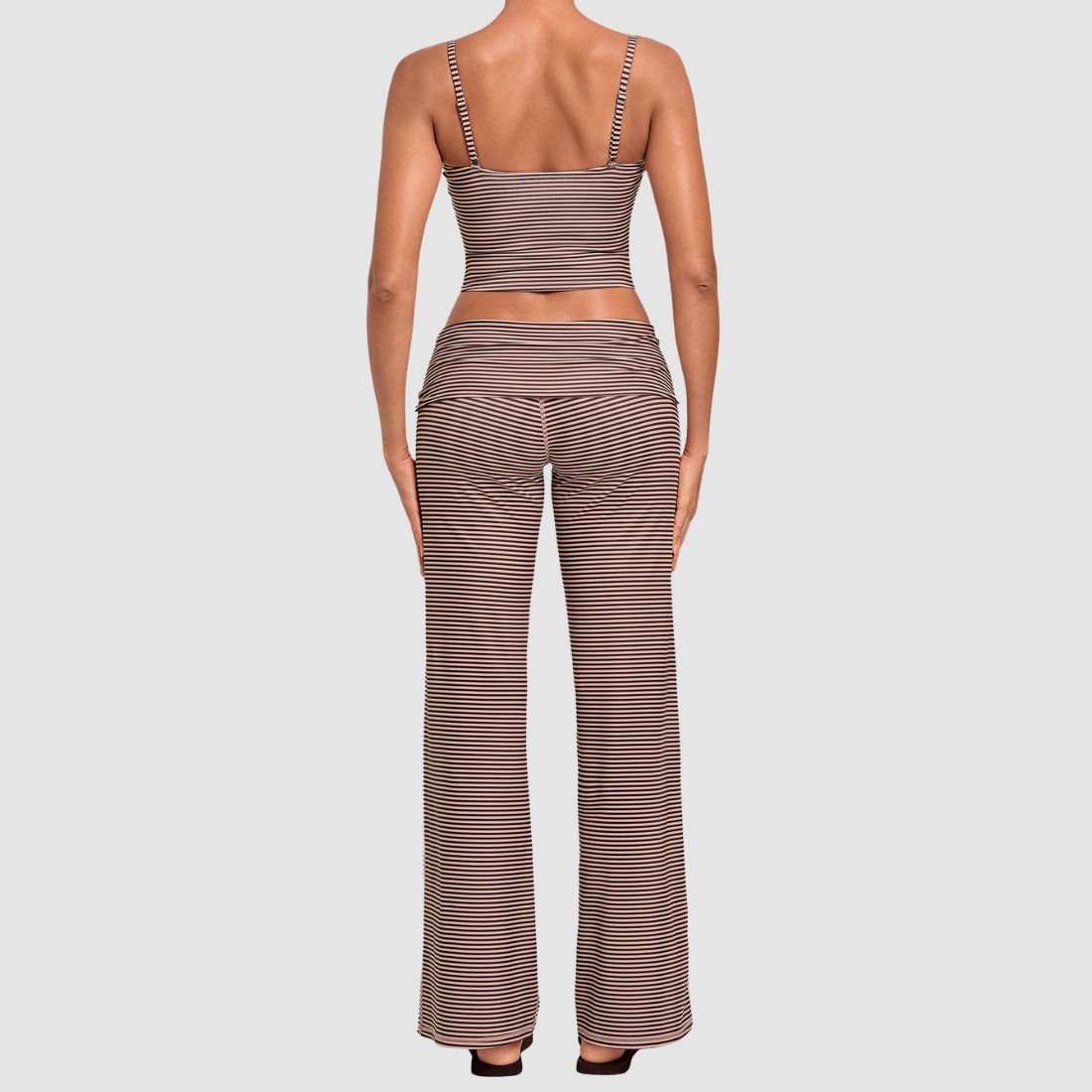 Wholesale Women's Activewear Retro Print Fold-Over Waist Top & Straight-Leg Pants Set