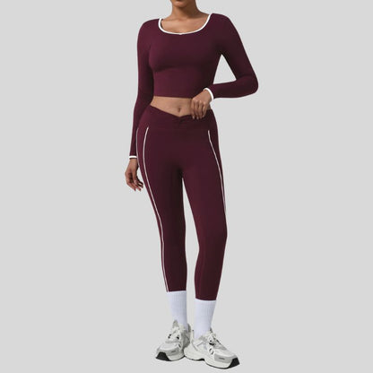 Color-blocked U-shaped backless long-sleeved top + leggings 2-piece set