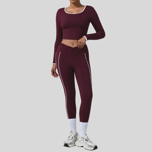 Color-blocked U-shaped backless long-sleeved top + leggings 2-piece set