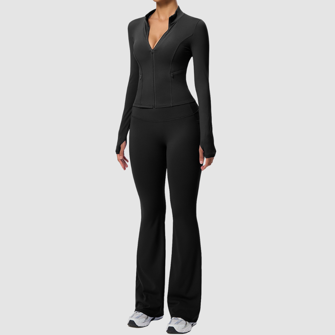 Wholesale Women's Activewear Zip Pocket Jacket & Flare Pants Yoga Set