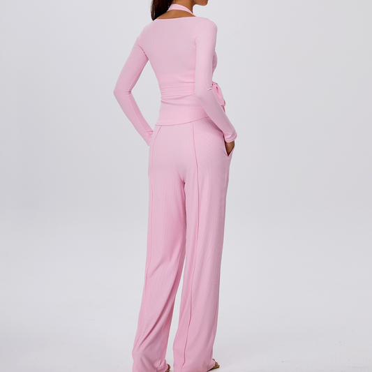 Wholesale Women's Padded Sports Bra+Tie-Front Long-Sleeve+Wide-Leg Pants Yoga Set