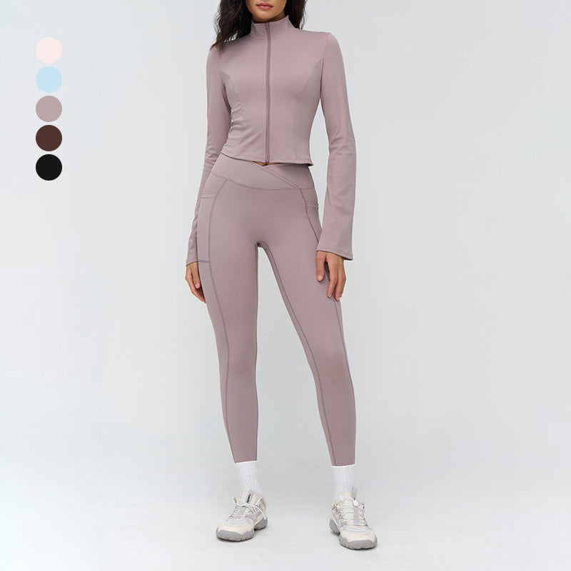 Stand-up collar yoga jacket + side pocket design leggings 2-piece set
