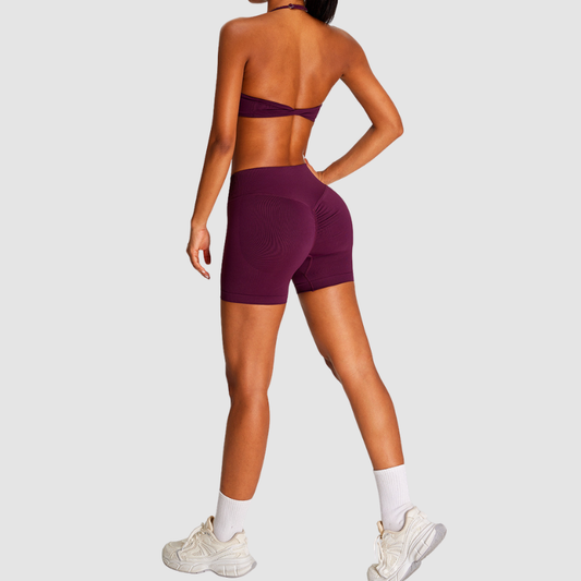 Wholesale Seamless Halter Sports Bra & High-Waist Biker Shorts Set – Naked-Feel Peach-Lift Yoga 2-Piece