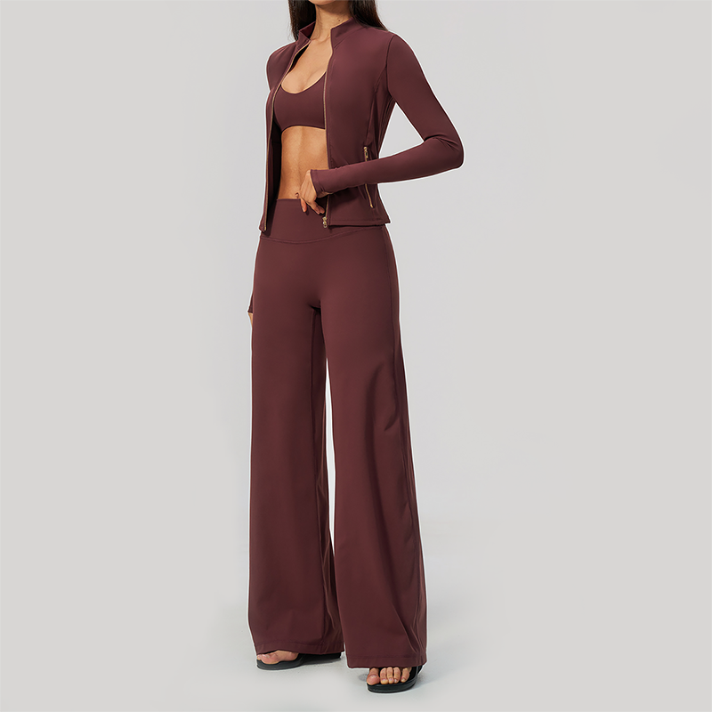 Wholesale Women's 3-Piece Yoga Set – Zip Jacket, Sports Bra & Wide-Leg Pants
