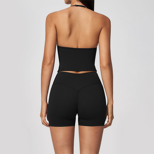 Wholesale Women's Halter Neck Yoga Set – Deep V-Neck Bra & High-Waist Shorts
