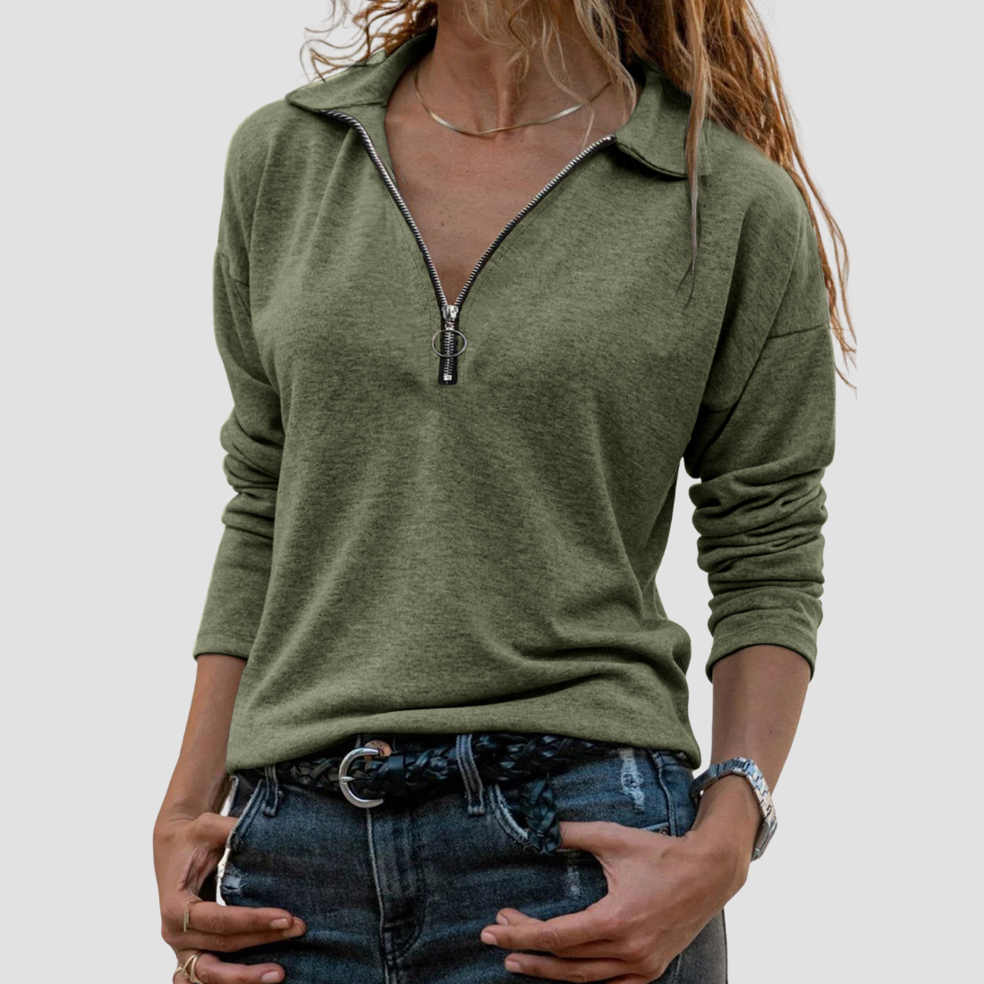 Wholesale Women's Knitted Fabric Lapel Zipper Casual Long Sleeve Top