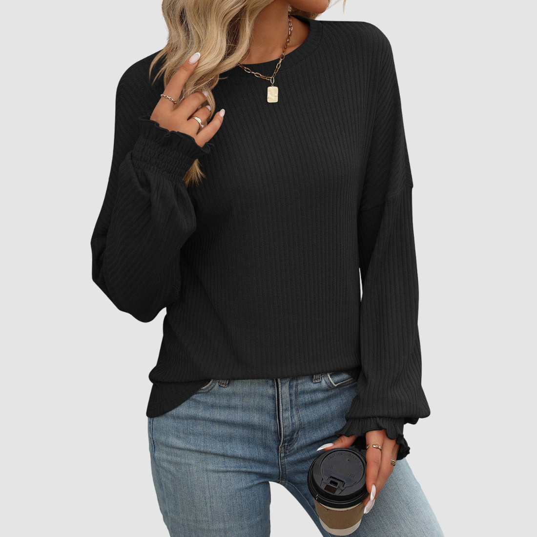 Wholesale Women's Ribbed Long Sleeve T-Shirt – Loose Ruffle-Sleeve Top