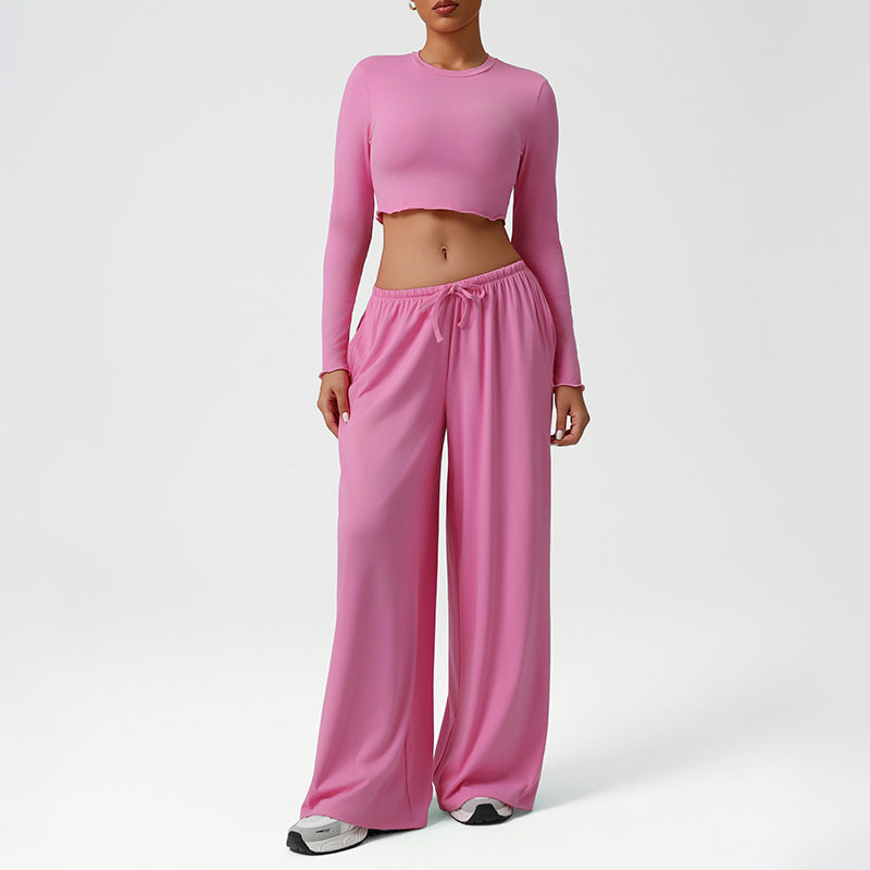 Snug-Fit Cropped Long Sleeves + Loose Drawstring Wide-Leg Pants 2-Piece Set