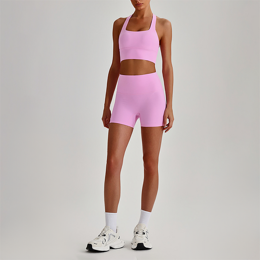 Wholesale Cross-Back Sports Bra & High-Waist Biker Shorts Set – Naked-Feel Quick-Dry Yoga 2-Piece