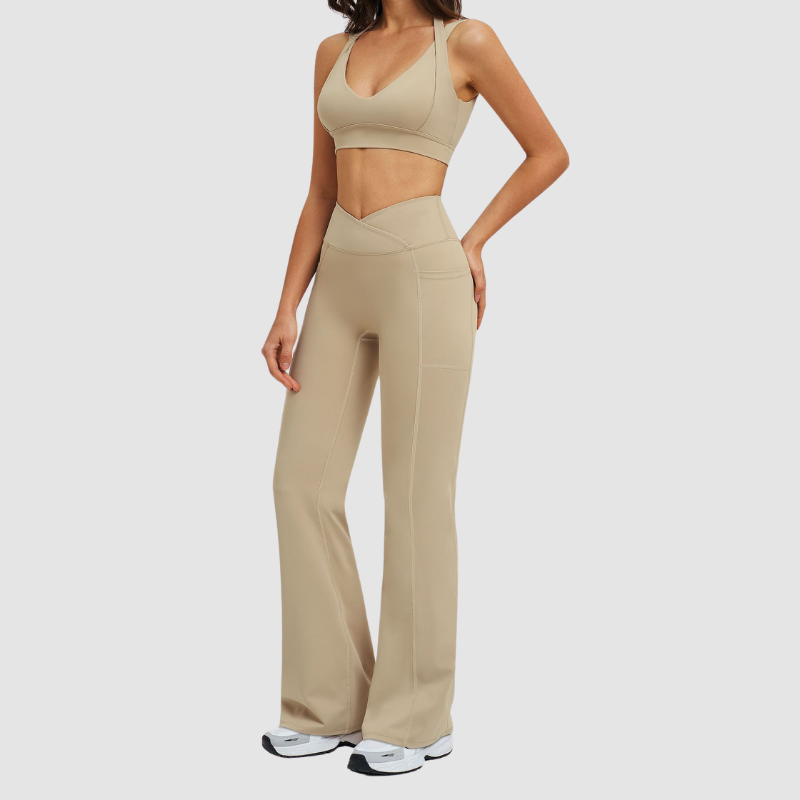 Wholesale Solid Color Halter Neck Sports Bra + High-Waisted Flare Pants