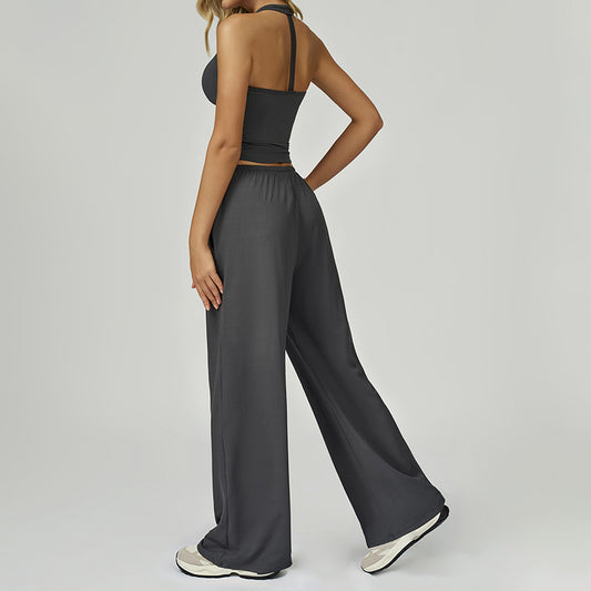 Halter sleeveless top And loose Straight Leg pants 2 pieces set