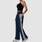Wholesale Women's Striped Yoga Tank Top + High-Waist Wide-Leg Pants Set – Built-In Bra Pad Gym Fitness Set
