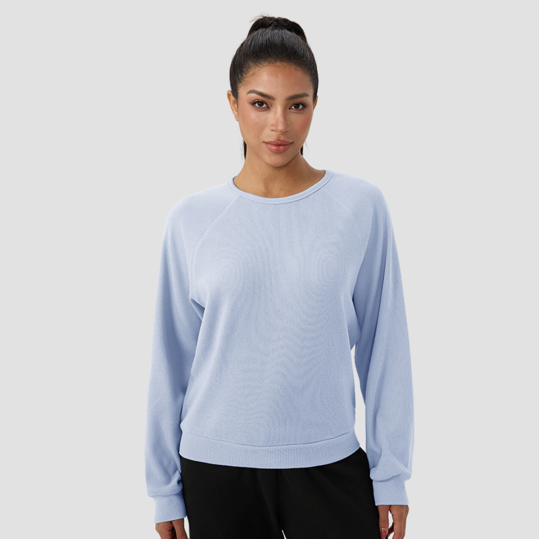 Women's Waffle Knit Crew Neck Long Sleeve Athletic T-Shirt