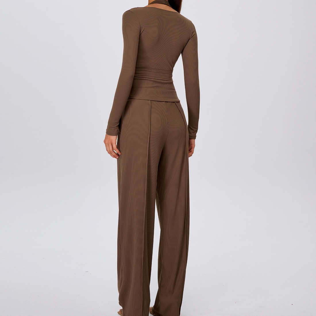 Wholesale Women's Padded Sports Bra+Tie-Front Long-Sleeve+Wide-Leg Pants Yoga Set