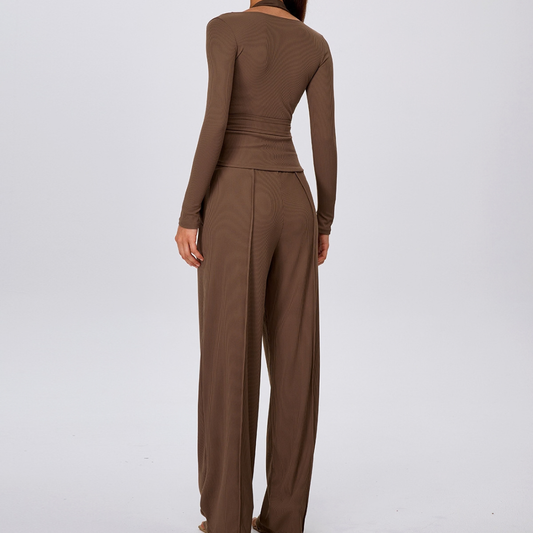 Wholesale Women's Padded Sports Bra+Tie-Front Long-Sleeve+Wide-Leg Pants Yoga Set