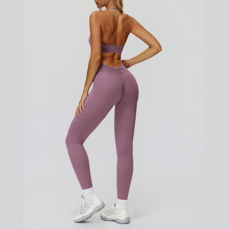 Halter sports bra+High waisted leggings 2-piece set