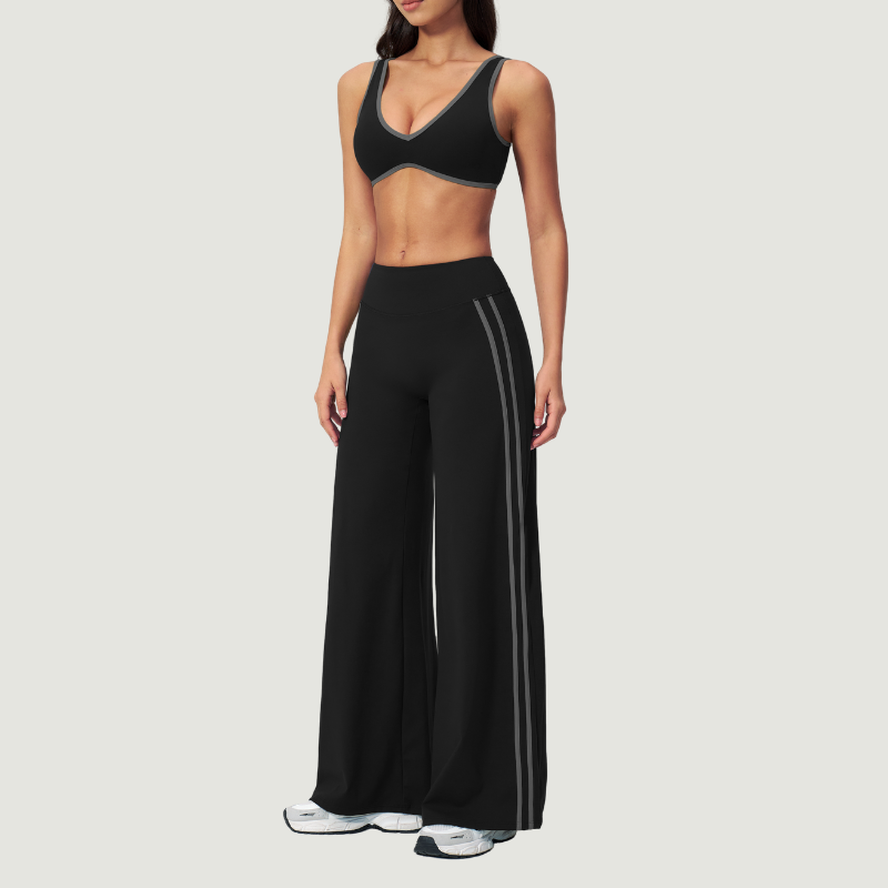 Nude-feel deep V bra + high waist + high-waisted color-blocked pants 2-piece set