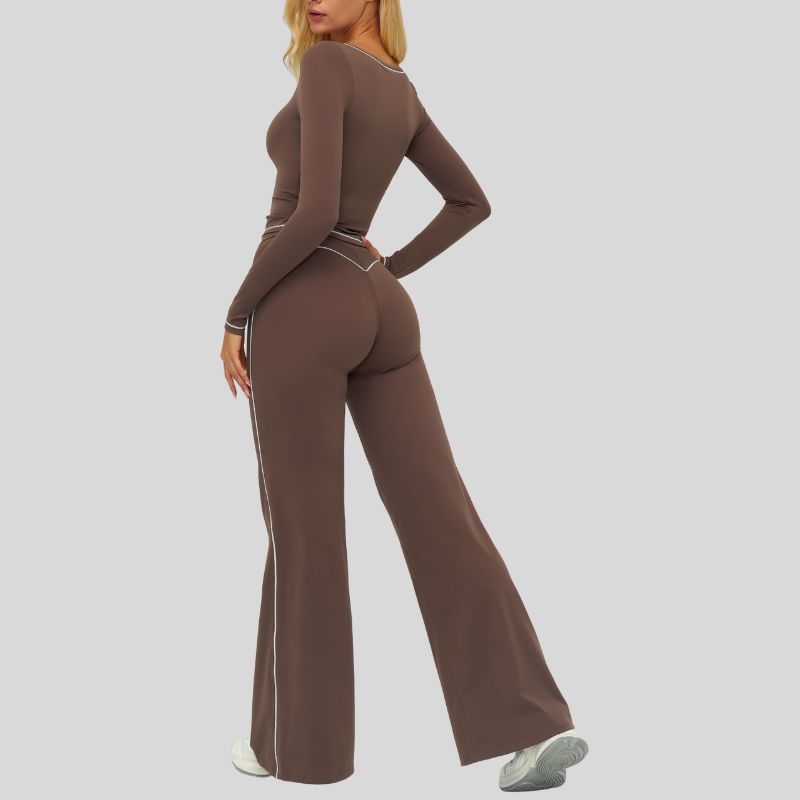Color-blocked long-sleeved sports top+ High-waisted wide-leg pants 2-piece set