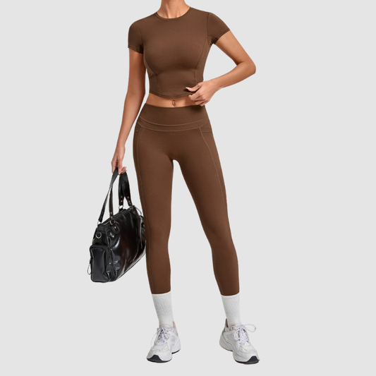 Wholesale Women's Naked-Feel Short Sleeve Top + High-Waist Leggings Set – Peach Lift Yoga Fitness Activewear