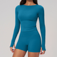 Wholesale Seam-Detail Long-Sleeve Crop Top & High-Waist Biker Shorts Set – Brushed Yoga 2-Piece