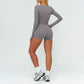 Slim-fitting long-sleeved top + tight-fitting athletic shorts 2-piece set