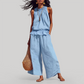 Wholesale Women's Ruffle Neck Sleeveless Top & Wide-Leg Pants Vacation Set