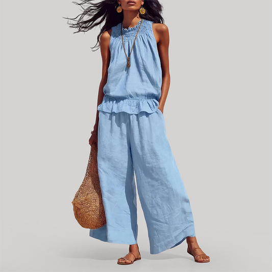 Wholesale Women's Ruffle Neck Sleeveless Top & Wide-Leg Pants Vacation Set