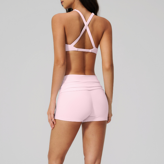 Wholesale Cross Trap Sports Bra + Fold-Up Waistband Shorts 2-Piece Set