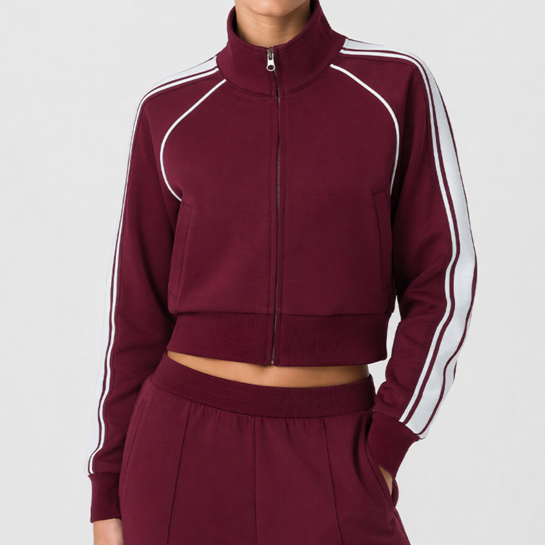 Wholesale Women's Activewear Color-Block Stand-Collar Zip Pocket Cropped Sports Jacket