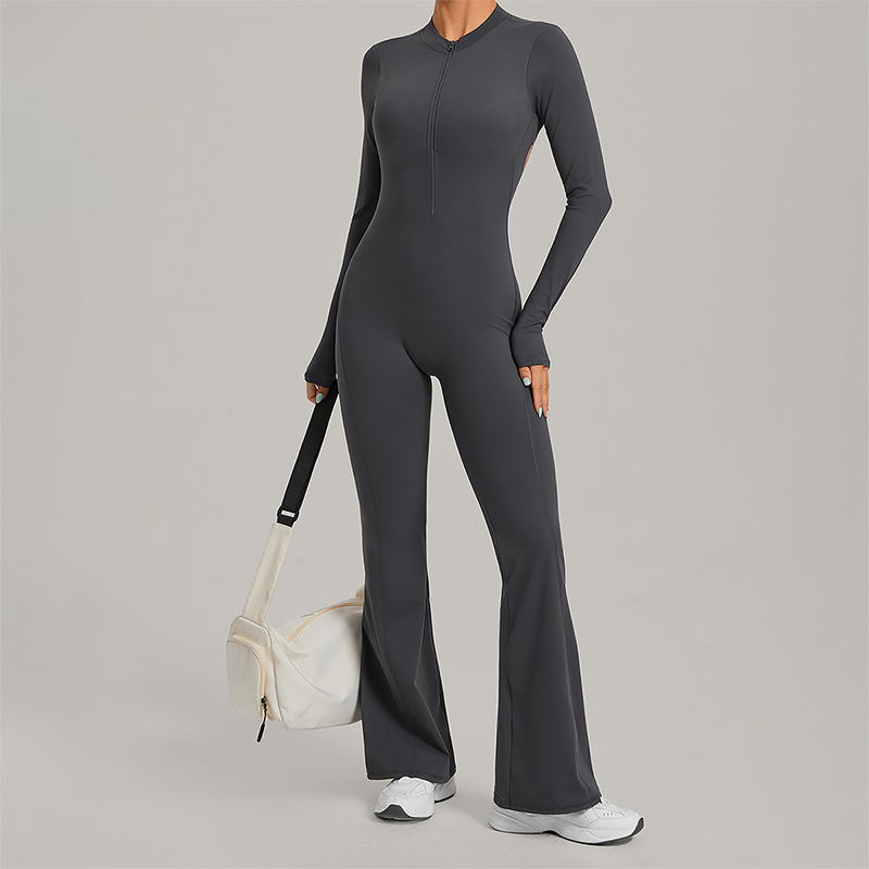 Zipper long sleeved backless fitness jumpsuit