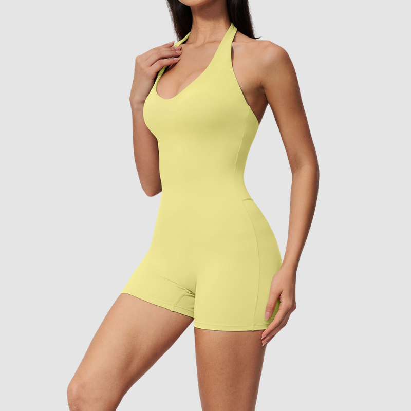 Wholesale Women's Halter-Neck V-Back One-Piece Yoga Bodysuit with Built-in Shorts
