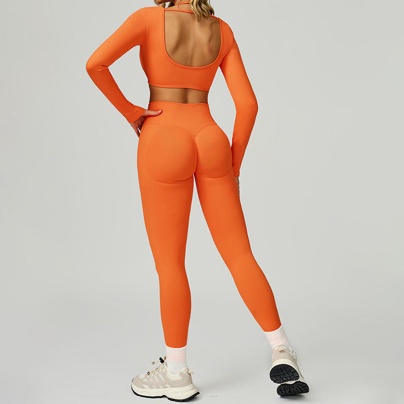 Seamless halter long sleeve top + High-waisted leggings 2-Piece Set