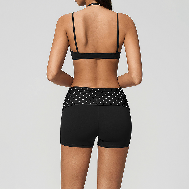 Wholesale Women's Polka Dot & Stripe Yoga Set Halter Neck Sports Bra & Shorts w/ Chest Pad