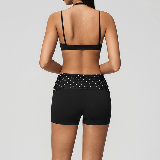 Wholesale Women's Polka Dot & Stripe Yoga Set Halter Neck Sports Bra & Shorts w/ Chest Pad