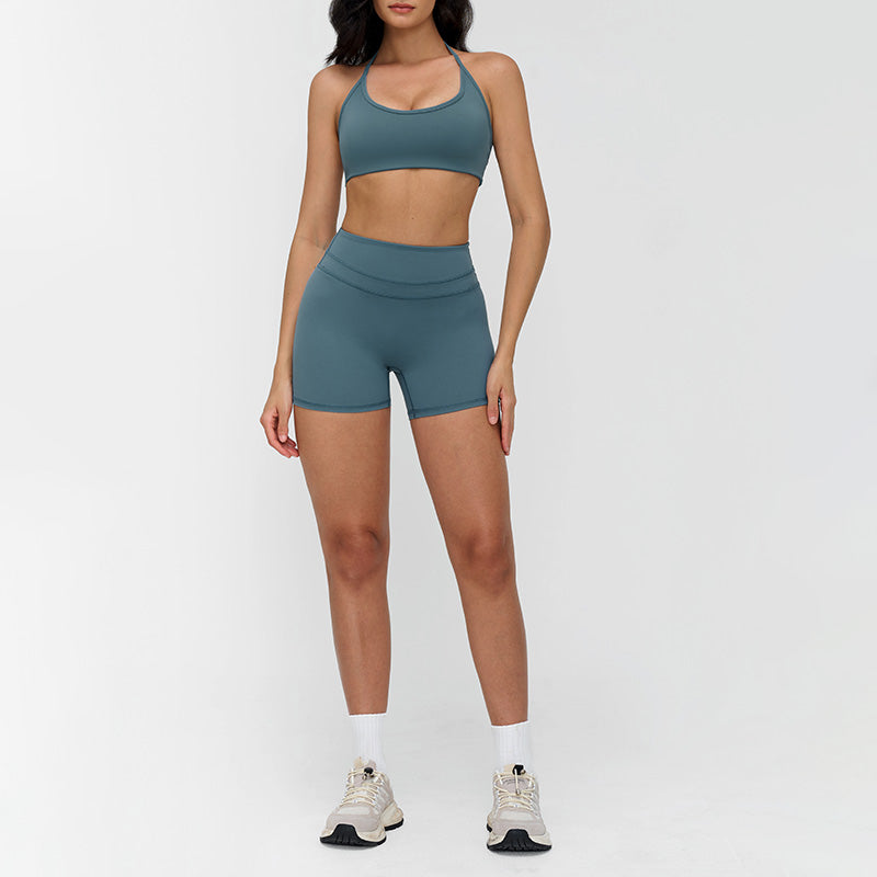 Halter-neck open-back sports bra + high-waisted shorts 2-piece set