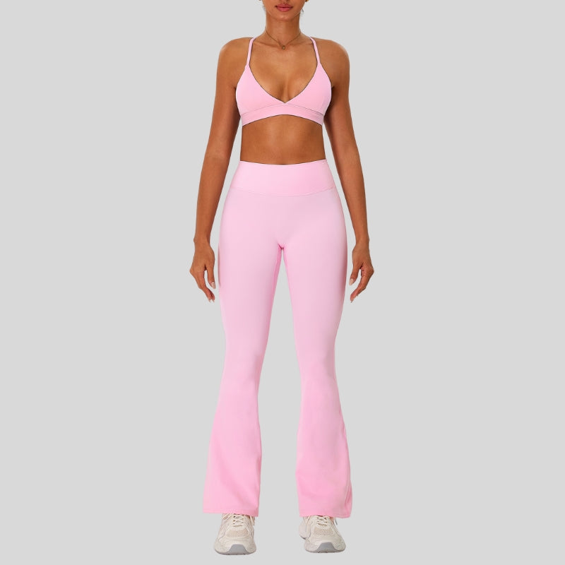 Strap sports bra+High-waisted flared pants 2-piece set