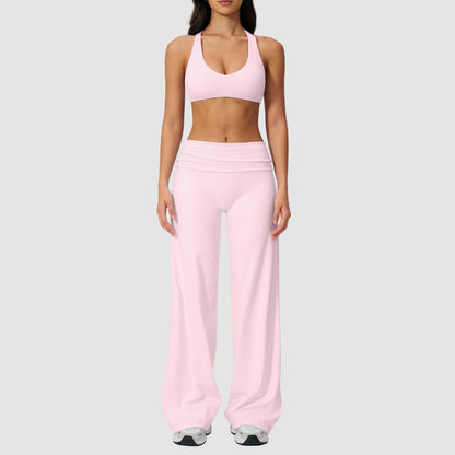 Wholesale Seam-Detail Sports Bra & Fold-up High-Waist Flare Leggings Set