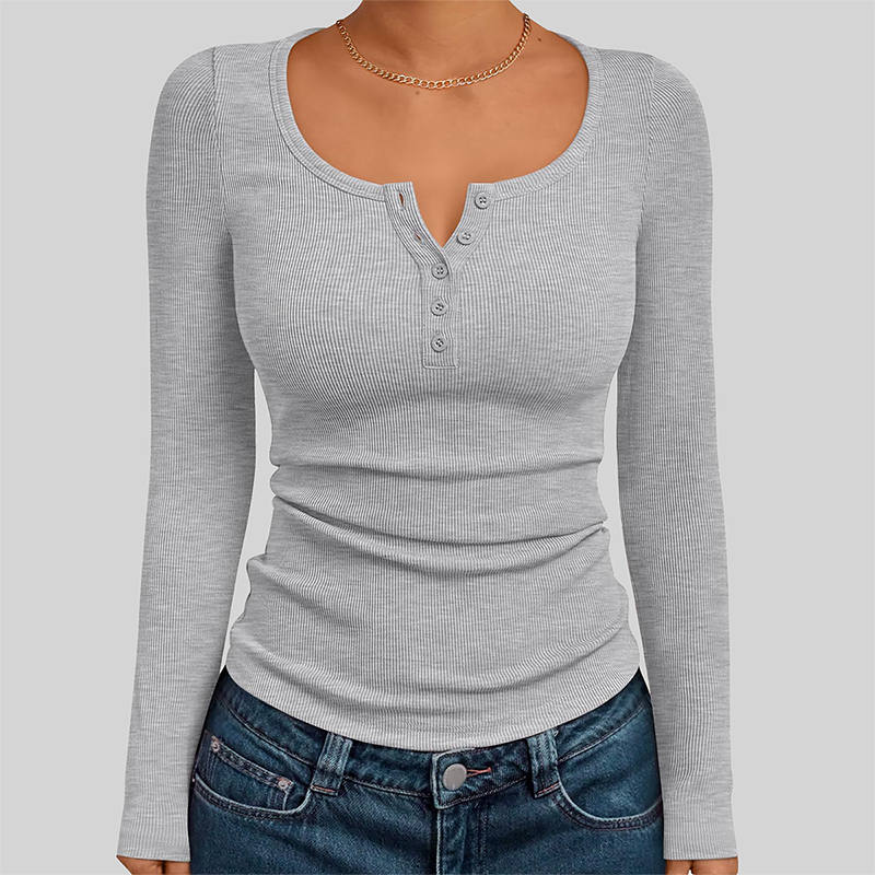 Wholesale Women's Button V-Neck Long Sleeve Ribbed Knit Top
