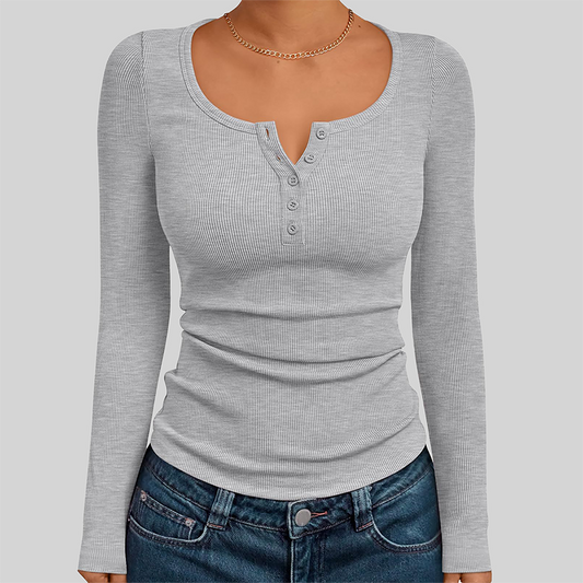Wholesale Women's Button V-Neck Long Sleeve Ribbed Knit Top