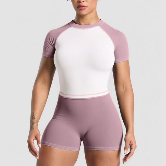 Contrasting short-sleeved top + shorts+headband  3-piece set