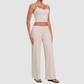 Wholesale Women's Activewear Retro Print Fold-Over Waist Top & Straight-Leg Pants Set
