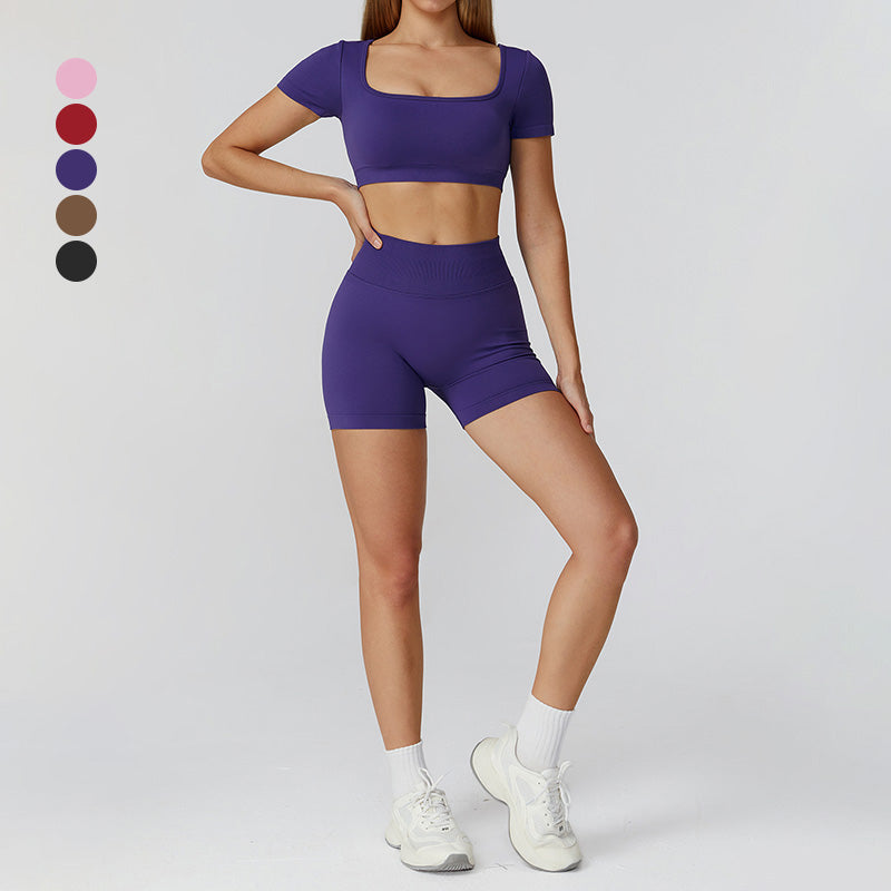 Sports de manga curta sem costura top + shorts de cintura alta