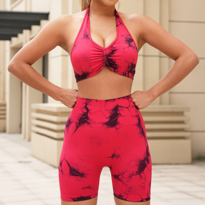 Seamless tie-dye halter backless bra + high-waisted shorts two-piece set
