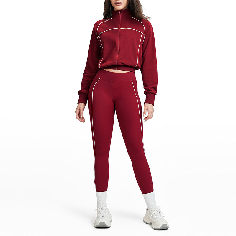 Color-blocked loose-fitting jacket + high-waisted leggings 2-piece set