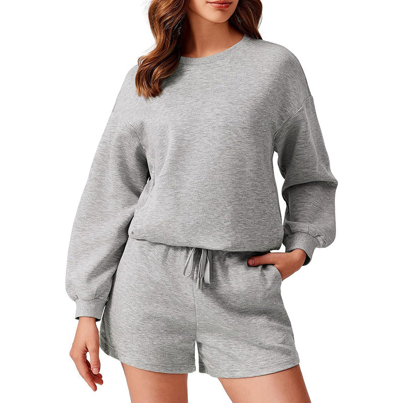 Round neck loose casual sweatshirt+Loose-fitting athletic shorts 2-piece set