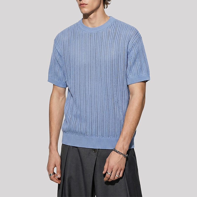 Wholesale Men's Old Money Style Knit T-Shirt – Striped Texture Short Sleeve