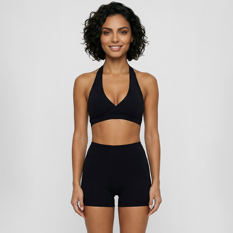 Deep V halter neck bra + high waisted shorts 2-piece set