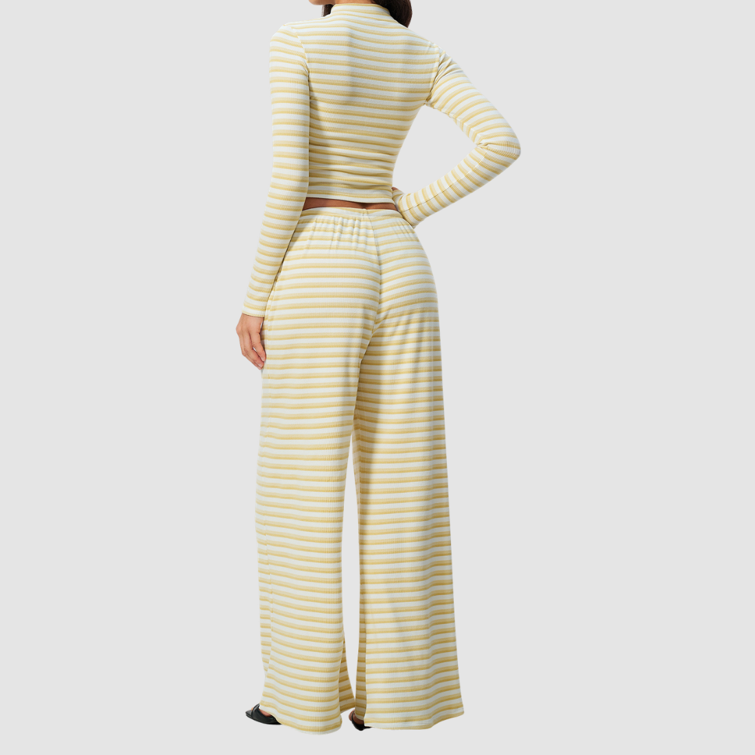 Wholesale Women's Stripe Yoga Set: Zip Stand-Collar Jacket & Wide-Leg Pants
